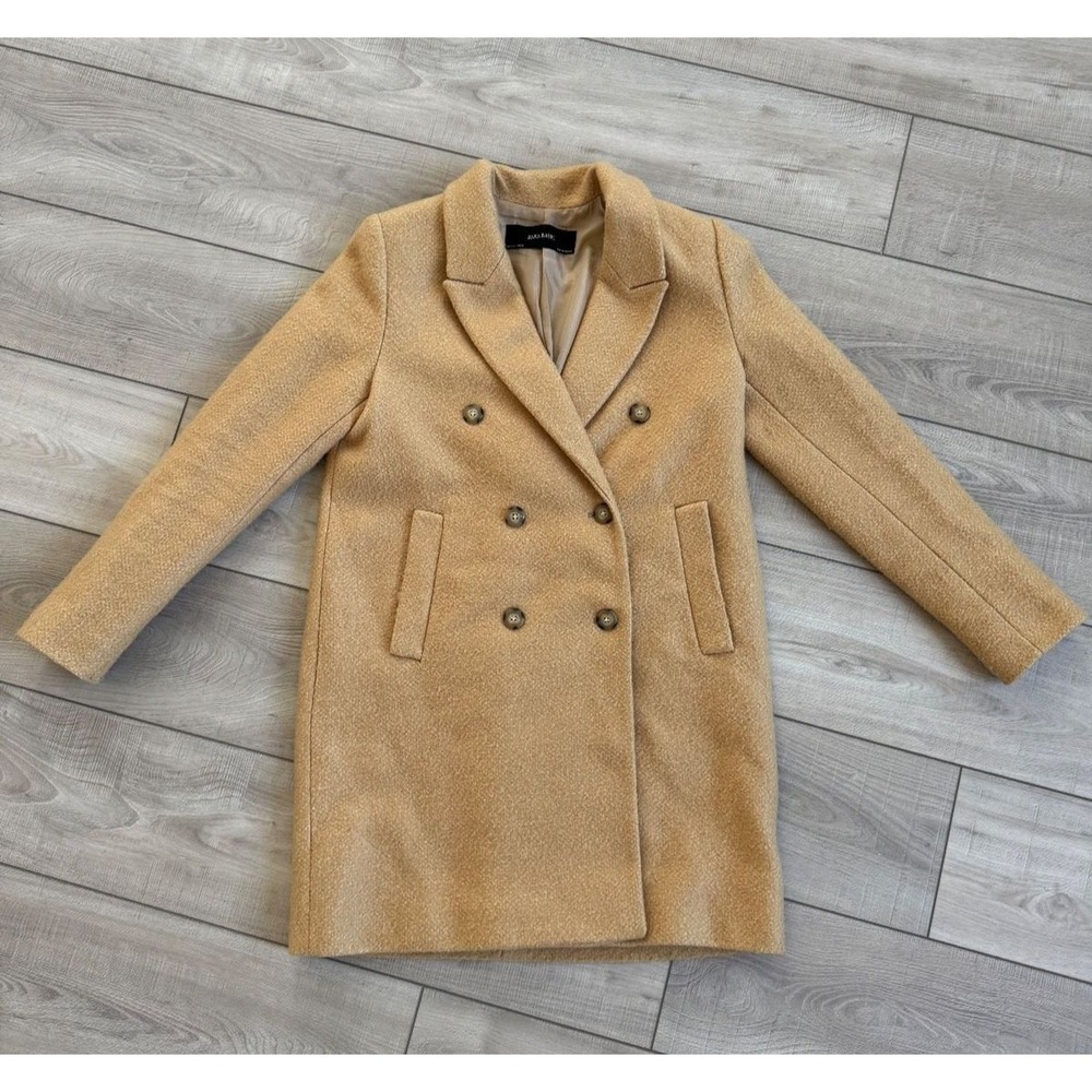 Zara‎ Basic Women's Camel Wool Blend Double-Breasted Coat, size small